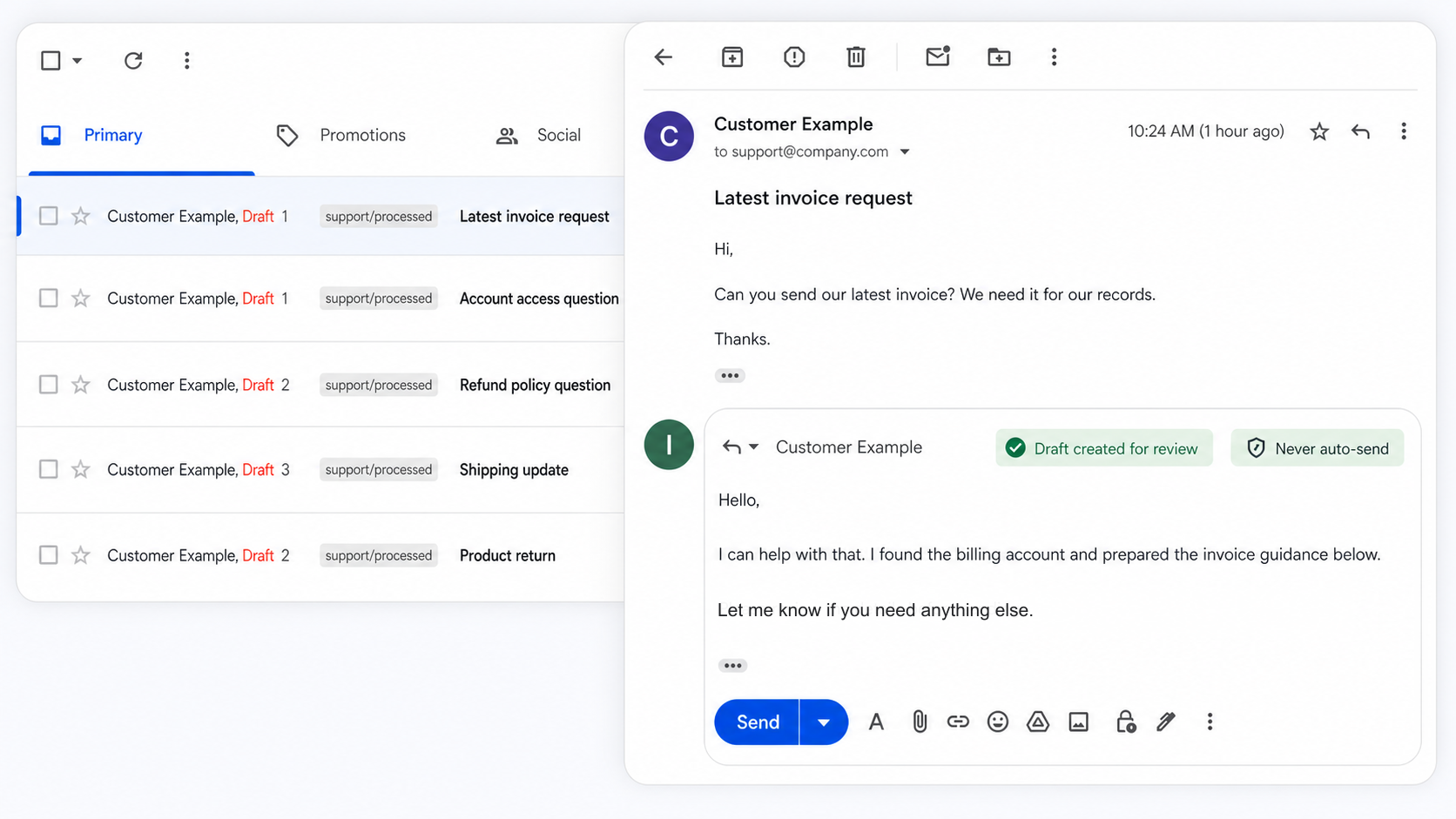Gmail inbox rows with draft markers and a support email thread with a generated reply draft ready for review.